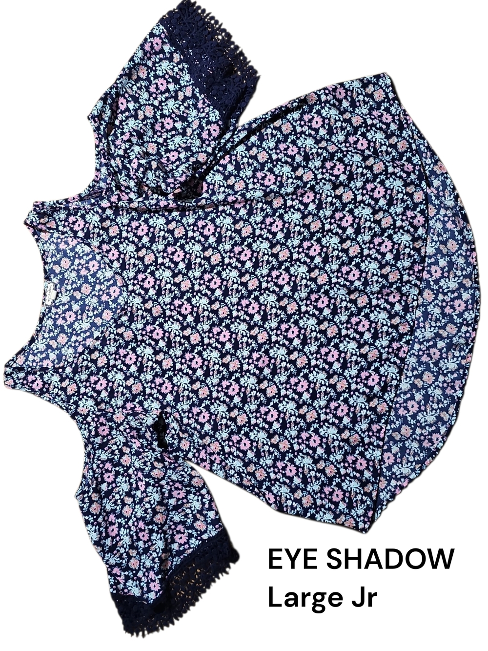 Eyeshadow Navy Floral Cold-Shoulder Blouse with Lace Trim